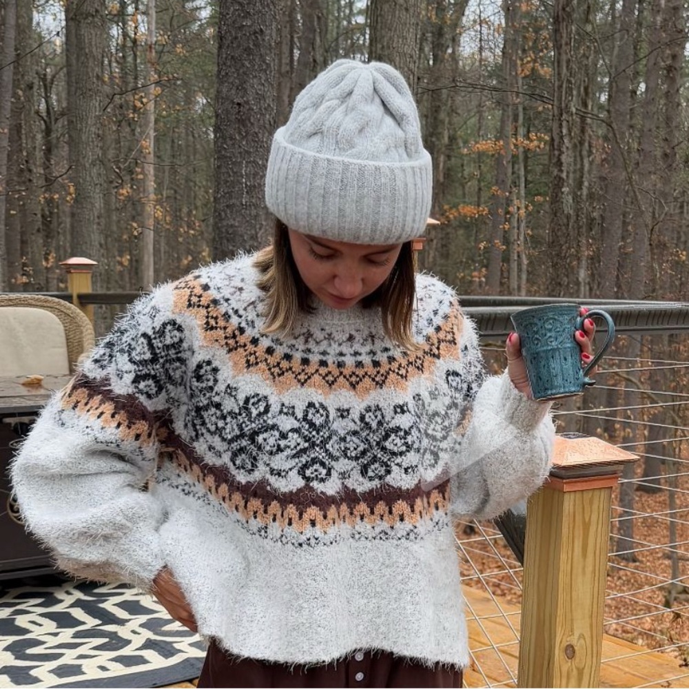 Free People Fair Isle Sweater - Cream, Brown, Black, and Orange